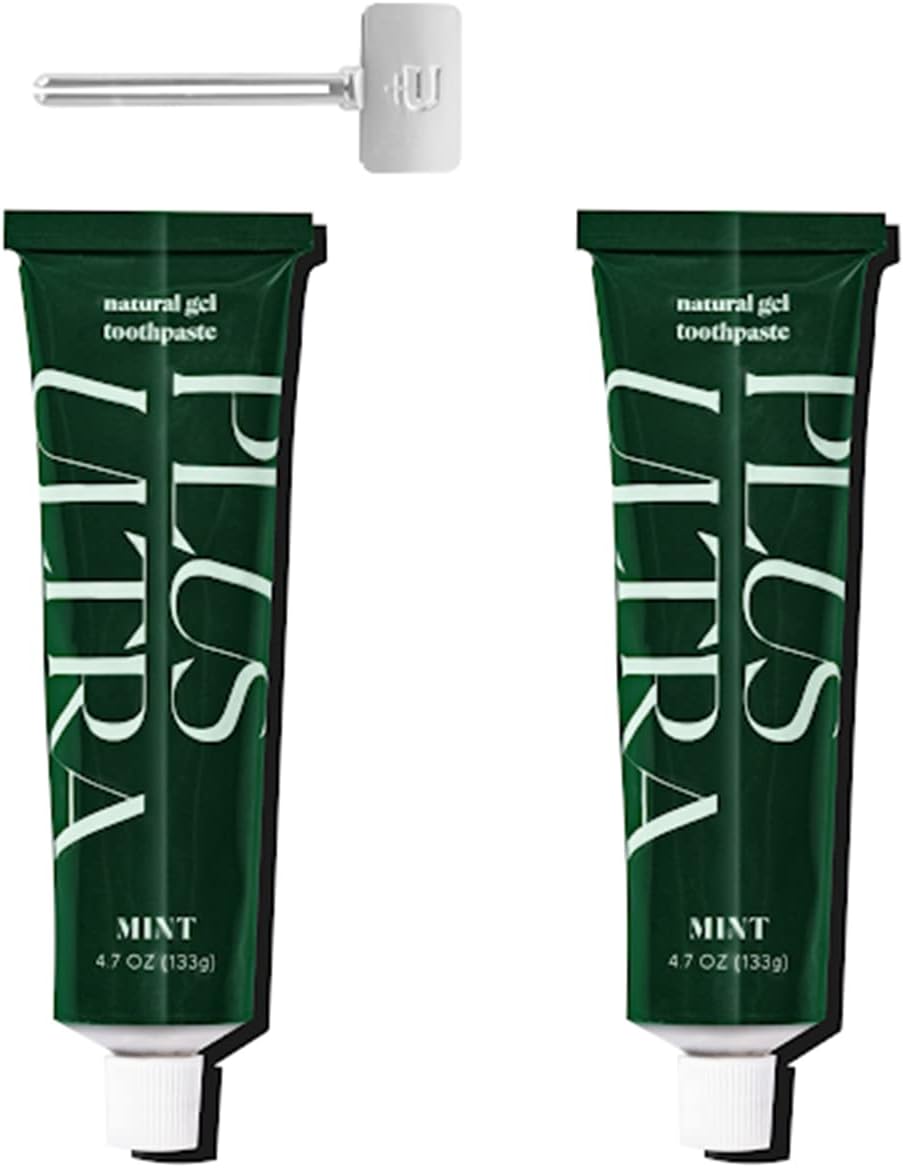 Plus Ultra 2 Organic Fluoride-Free Gel Toothpaste in Aluminum Tube | Eco-Friendly, SLS Free | Made with Aloe, Peppermint, Bamboo Extract | for Sensitivity & Whitening & 1 Toothpaste Squeezer Turn Key