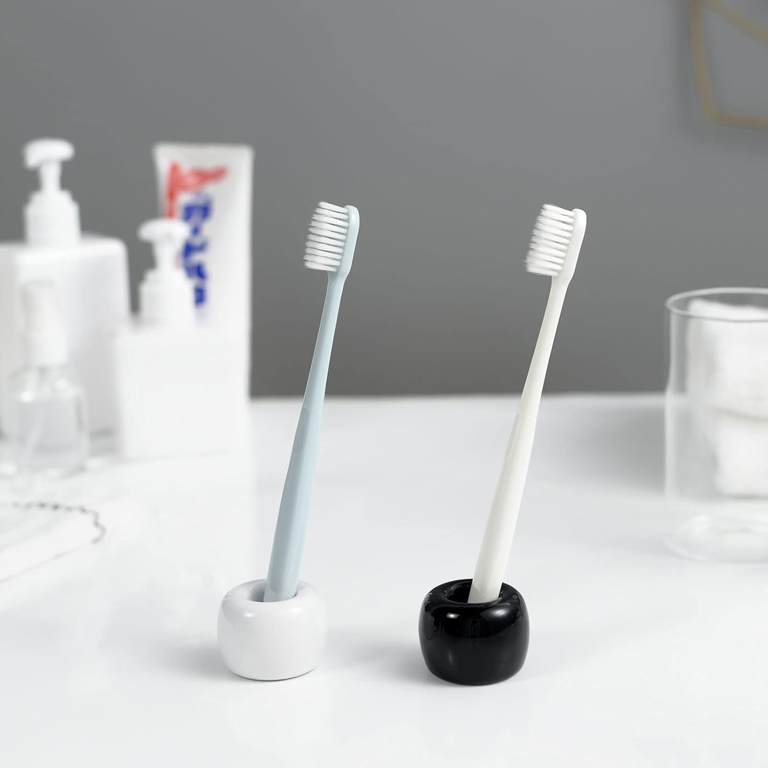 Mini Ceramic Couple Toothbrush Holder, Hand-Made Bathroom Toothbrush Holder, Electric Toothbrush Head Holder and Office Pen Holder 2-Piece Set (White)
