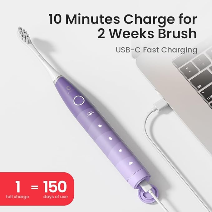 Oclean Electric Toothbrush for Adults, 150 Days Battery Life Electric Toothbrush, USB Rechargeable Sonic Travel Toothbrush with 6 Brush Heads & Travel Case, 5 Modes and Smart Timer, Purple