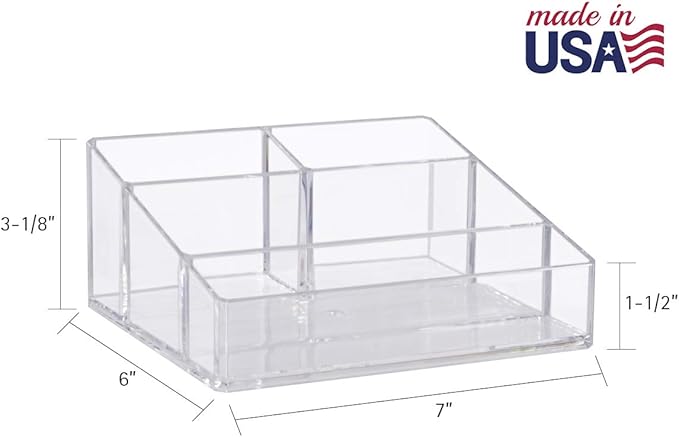 STORi Clear Plastic Small Countertop Vanity Makeup Organizer, Compact Rectangular 4-Compartment Holder for Brushes, Eyeshadow Palettes, & Beauty Supplies, Made in USA (Pack of 2)