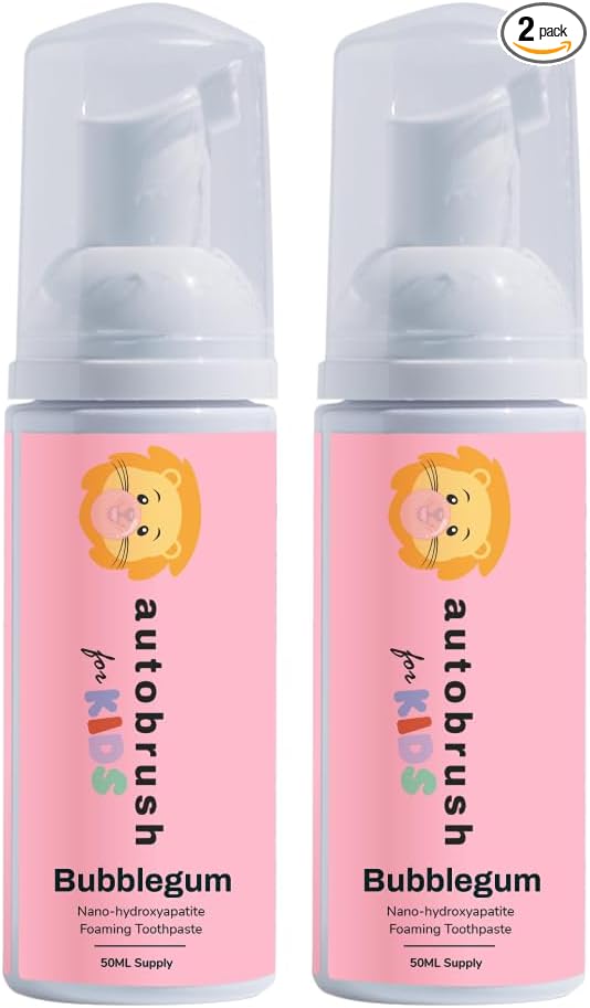 autobrush Fluoride-Free Foaming Toothpaste for Kids, Bubblegum Flavor, Whitening & Deep Cleaning, Travel Friendly, Anti-Cavity (Pack of 2)