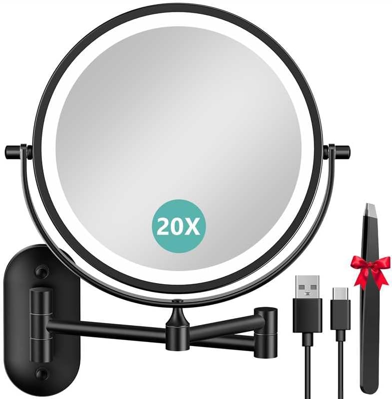 1X/20X Wall Mounted Makeup Mirror with Light, 8" Rechargeable Double-Sided Magnifying Mirror, Vanity Mirror Dimmable 3 Color Light, 360° Extension Rotation Foldable 14.5 Inch Arm for Bathroom