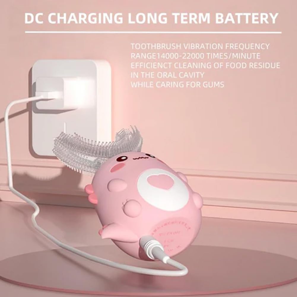 Kids Automatic U-Shaped Toothbrush, 360º Toothbrush Rechargeable Auto U-Shaped Electric Toothbrush with Led Light, 5 Modes & Smart Timer Gentle Waterproof and Cartoon Dragon Design (Pink*1)