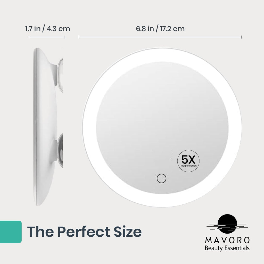 Mavoro 6.8" LED Magnifying Mirror with 3 Strong Suction Cups | 5X Magnification | Portable Lighted Travel Makeup & Cosmetic Mirror with Light (4 AAA Battery Operated | 5X)