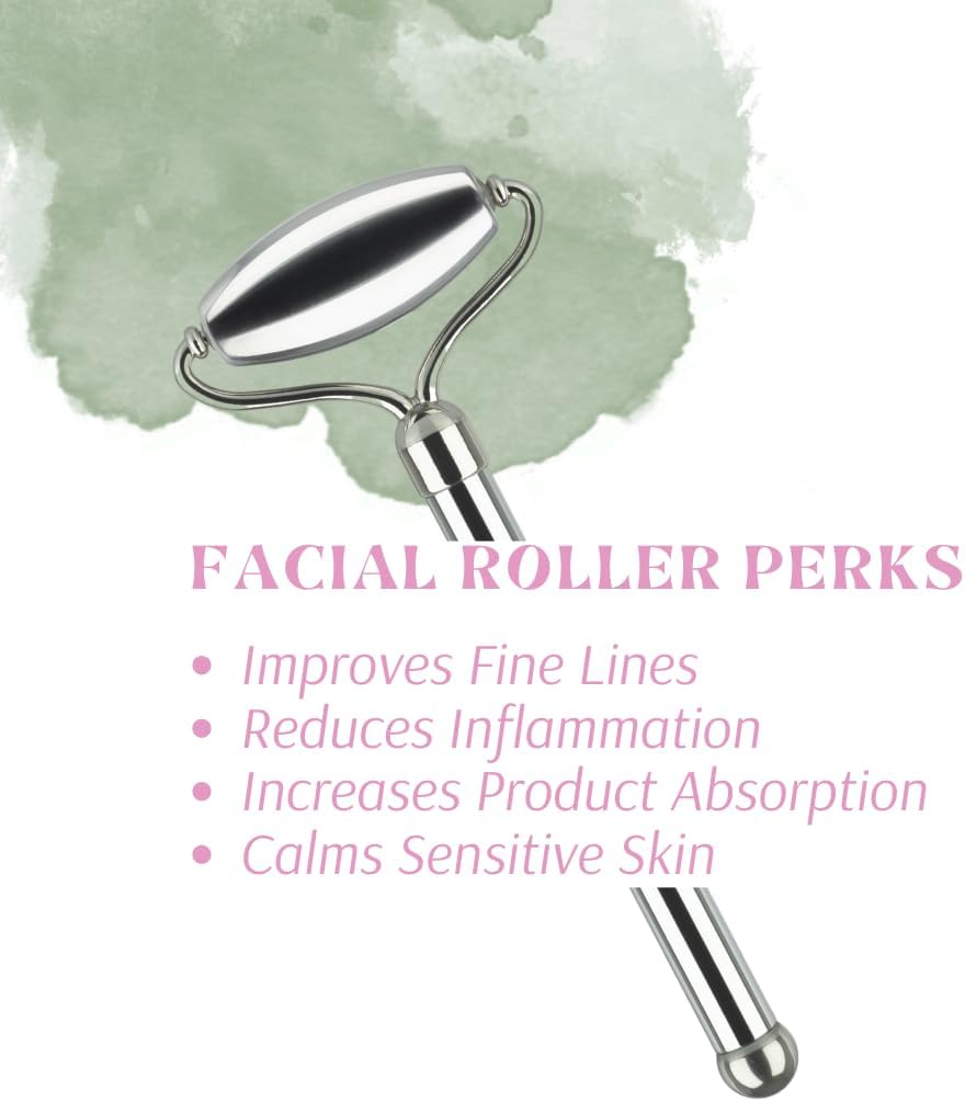 Stainless Steel Ice Roller & Rose Quartz Facial Set | Luxury Skin Care Tools for Lymphatic Drainage, Product Absorption, Skin Tightening, & Relaxation
