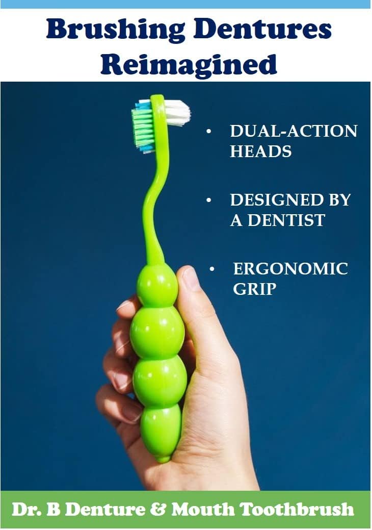 Dr. B Dental Solutions Ergonomic Denture Toothbrush Extra Soft Bristles, Removes Stains & Odor Precision Design for Implants & Overdentures Single Green Pack