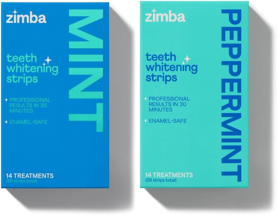 Zimba Mint & Peppermint Teeth Whitening Strips for Teeth Sensitive, White Strips for Teeth Whitening, Teeth Whitener Stain Remover 28 White Strips Included Per Pack, 2 Pack (14 Day Treatment)