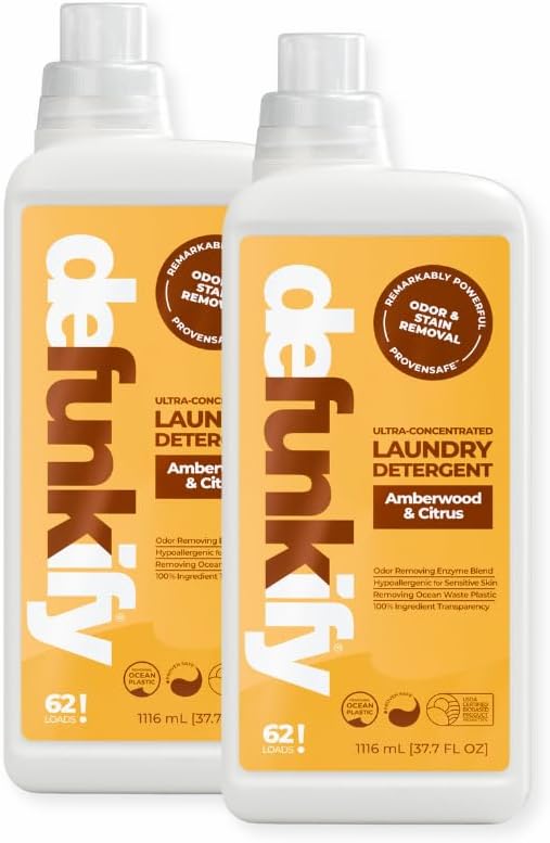 Laundry Detergent 62 Load/37.7 FlOz (2-Pack). 'Amberwood & Citrus' Liquid Detergent- Sensitive Skin. 'ProvenSafe' Laundry Soap Washing Detergent w/Odor & Stain Remover for Activewear & All Fabrics