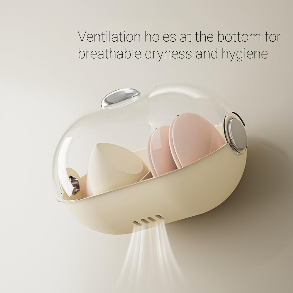 Wall-Mounted Makeup Sponge Holder Beauty Blender Holder Small Hair Accessories Organizer Drying Storage Box for Bathroom Countertop with Cute Big Eyes and Lid, 2 Compartments(1 PC,whiter)