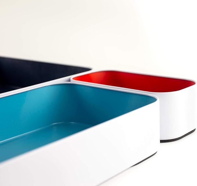 Three by Three Seattle 6 Piece Metal Organizer Tray Set for Storing Makeup, Stationery, Utensils, and More in Office Desk, Kitchen and Bathroom Drawers (2 Inch, Classic Colors)