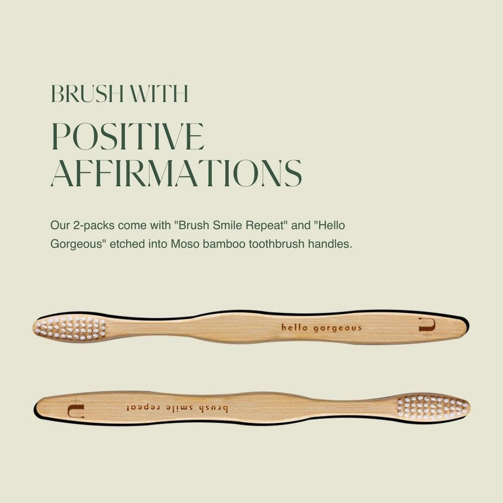 Plus Ultra 2-Pack Bamboo Toothbrush - BPA Free Soft Bristle - Dentist-Approved and All-Natural with Brush Smile Repeat and Hello Gorgeous Etched on Handles