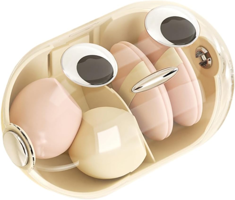 Wall-Mounted Makeup Sponge Holder Beauty Blender Holder Small Hair Accessories Organizer Drying Storage Box for Bathroom Countertop with Cute Big Eyes and Lid, 2 Compartments(1 PC,whiter)