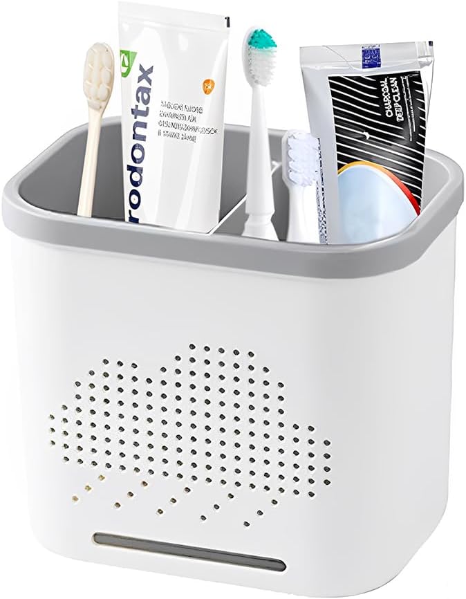 2 Slots Toothbrush Holder and Toothpaste Holder with Drain Hole, Detachable Easy Cleaning Multi-Functional Organizer Caddy Storage for Bathroom Vanity Sink Kitchen (White+Gray 2 compartments)