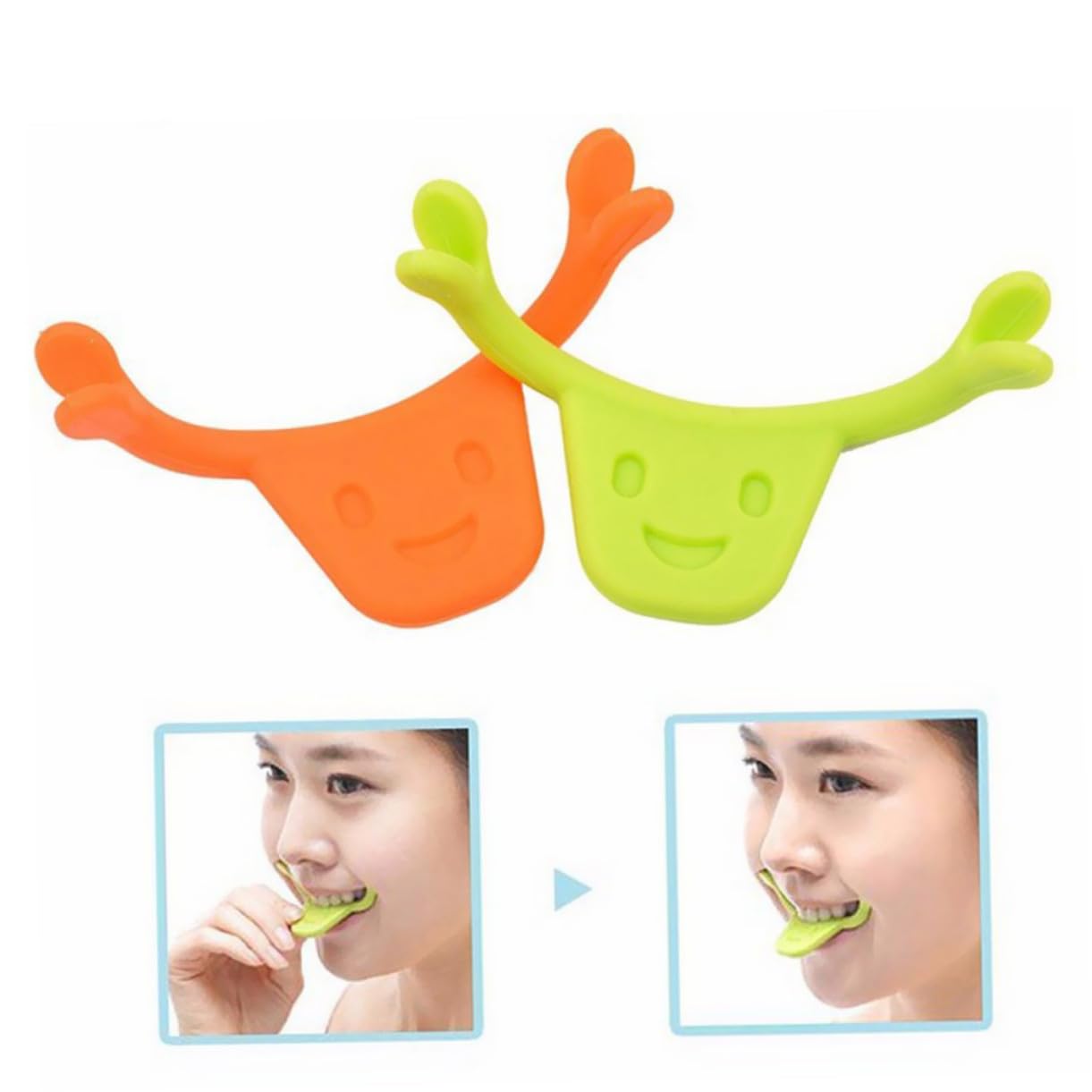 2pcs Silicone Smile Trainer for Facial Muscle Stretching and Lifting Natural Smile Maker Mouth Exerciser Edible Material Brace Green Orange