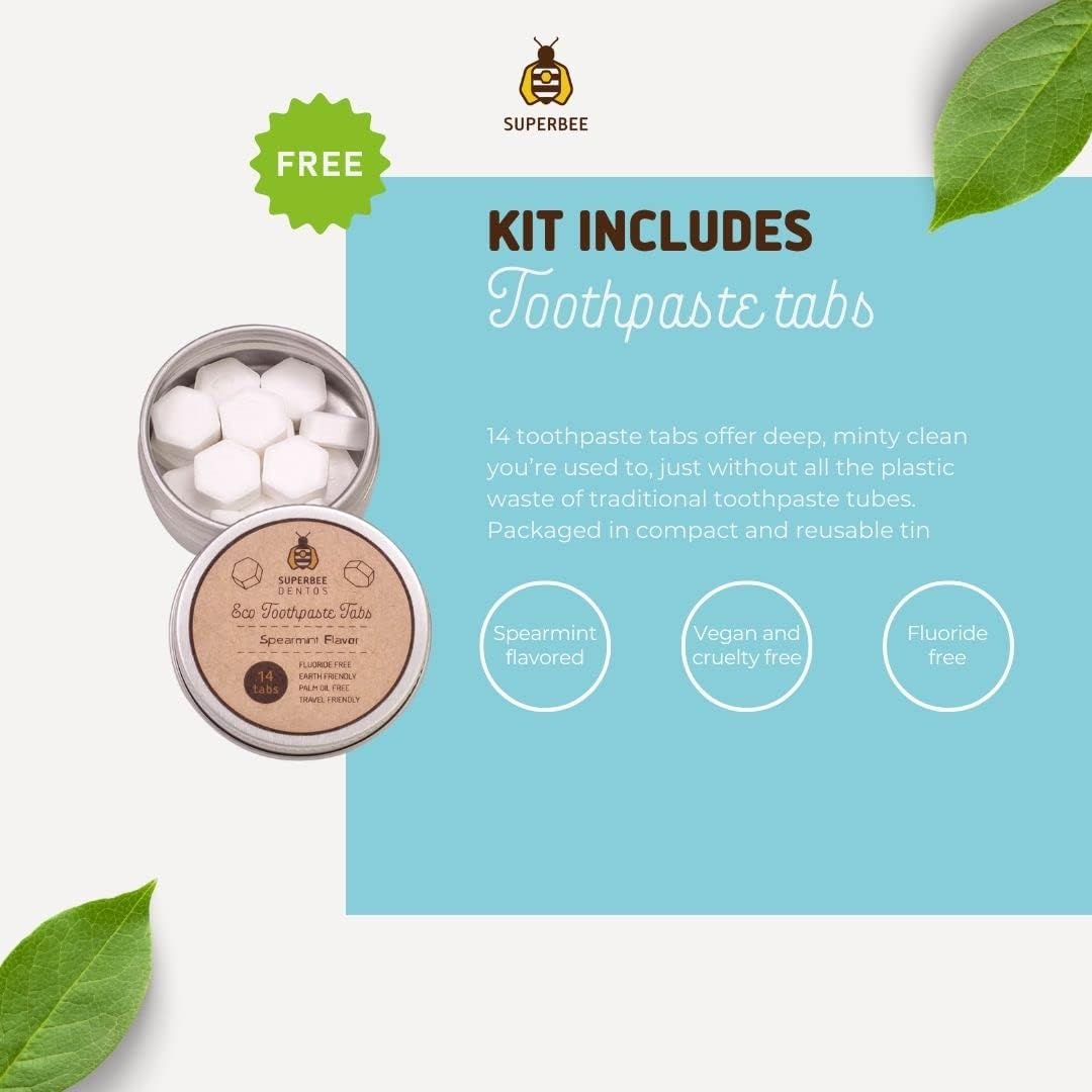 SuperBee Family kit with Dentos Toothpaste Tablets 300 tabs, Natural Floss, Soft Bristles Bamboo toothbrushes - Fluoride Free & Eco Friendly, Housewarming Gift Christmas Plastic Free
