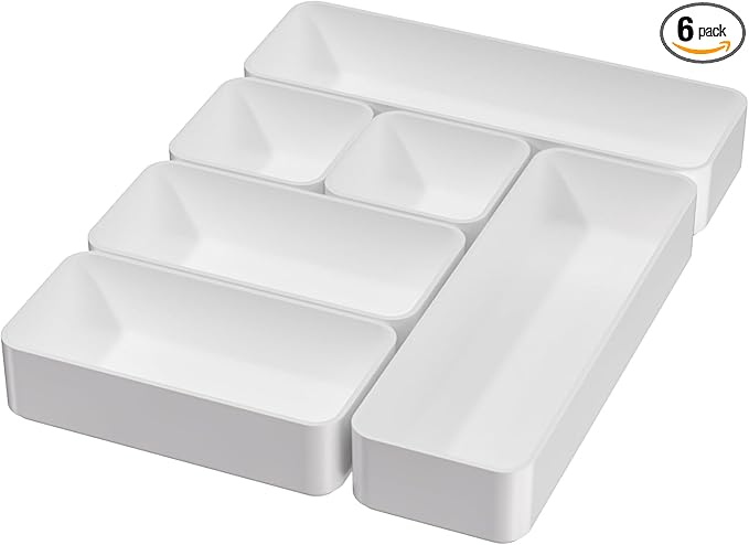 Organizer Drawer, Storage Plastic Desk Bins Stackable Organizers Tray, Bathroom Dividers Small Makeup Bin Clothes Organizing Trays for Containers Vanity Office Cabinet Desktop Compartment, White