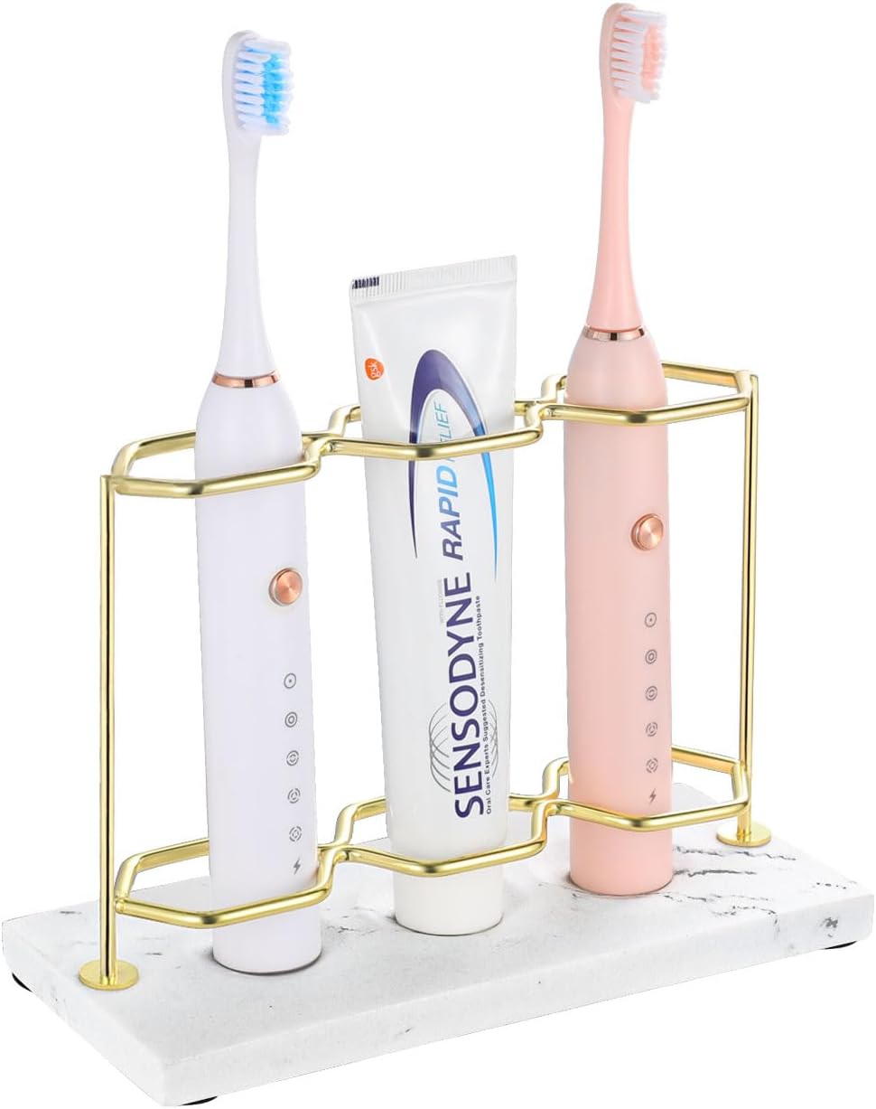 Emibele Toothbrush Holder, Resin Electric Toothbrush Holder with 3 Slots 2 Layers, Non-Slip Bathroom Accessories Organizer Toothbrush Toothpaste Razor Cleanser, Gold Marble White