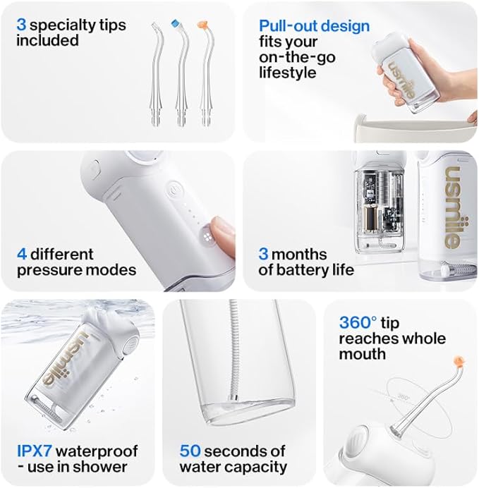 usmile C10 Portable Water Flosser – Travel-Friendly, 95-Day Battery, 4 Modes, 360° Nozzle, 180ml Tank, IPX7 Waterproof, Dentist-Recommended for Braces, Implants & Sensitive Gums (White)