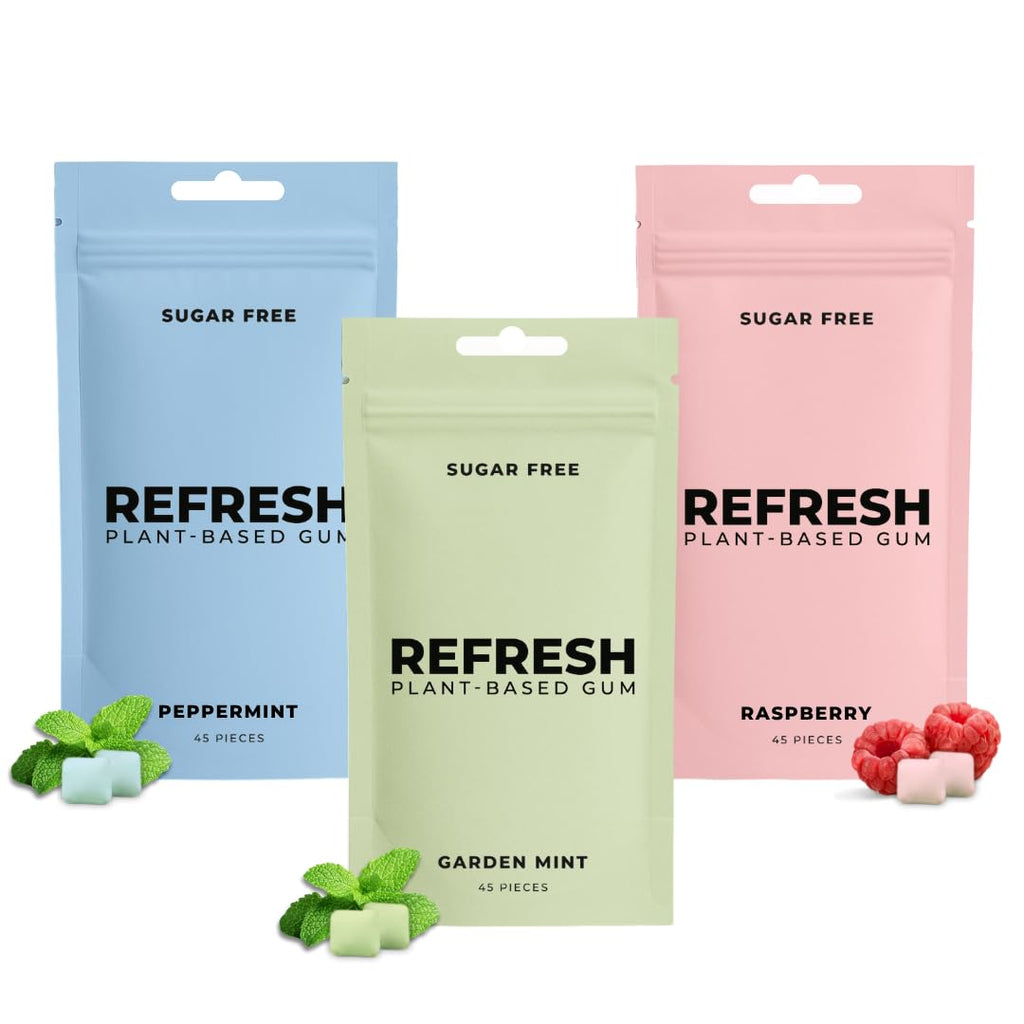Refresh Gum Peppermint – Xylitol, Sugar Free Chewing Gum Pouches, Natural Flavor & Organic Ingredients – Aspartame Free, Plant-Based, Non-GMO – 45 Pieces Each, 3 Pack