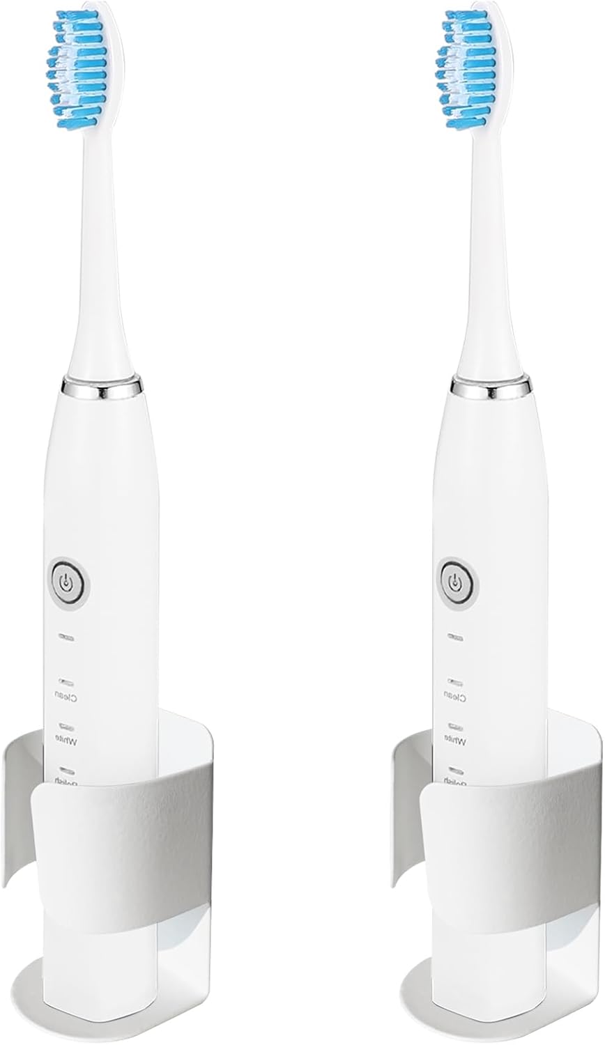 Electric Toothbrush Holder Wall Mount, 304 Stainless Steel Self-Adhesive Bathroom Organizer for Electric Toothbrush, Toothpaste & Face Wash-Space Saving, Waterproof, Holds Up to 10lbs (White 2 Pack)
