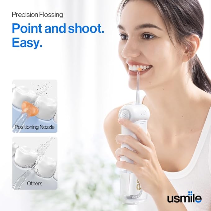 usmile C10 Portable Water Flosser – Travel-Friendly, 95-Day Battery, 4 Modes, 360° Nozzle, 180ml Tank, IPX7 Waterproof, Dentist-Recommended for Braces, Implants & Sensitive Gums (White)