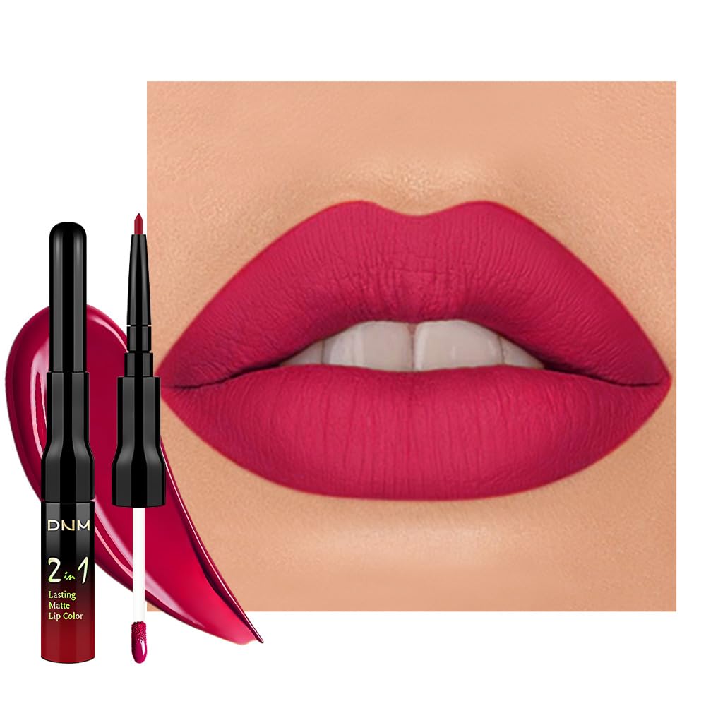 1Pcs 2 in 1 Ruby Red Matte Lip Liner and Liquid Lipstick Stain Makeup Set for women, Ruby Red Long Lasting Smudge Proof Lip Tint Matte Finish Lip Gloss for All-Day Color Hold Easy to Use 58#
