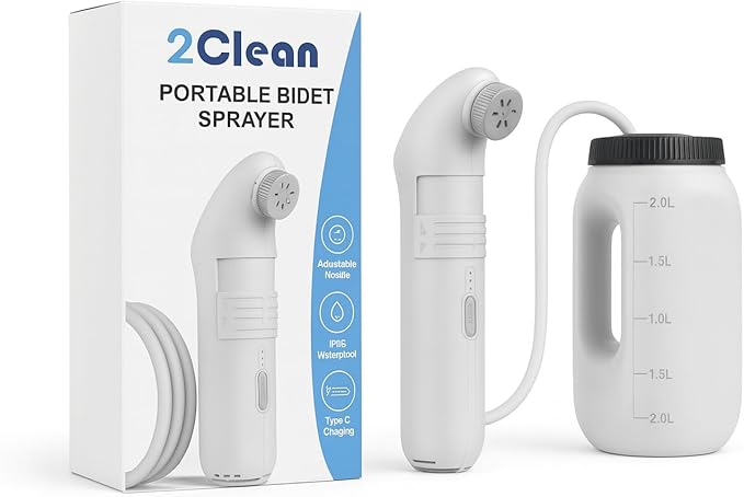 2Clean Portable Bidet, High Pressure Sprayer for Travel and Home Use, USB Rechargeable Toilet Hygiene Device with 2L Tank