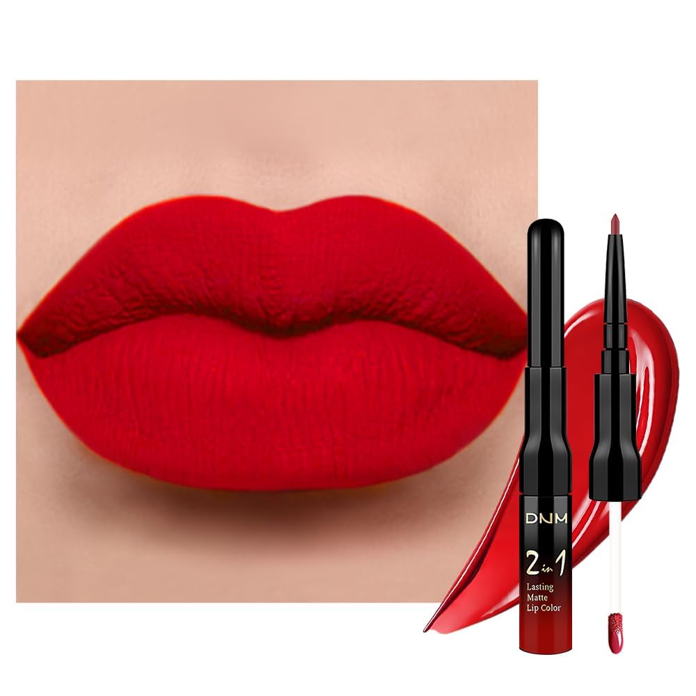 1Pcs 2 in 1 Bright Red Matte Lip Liner and Liquid Lipstick Stain Makeup Set for women, Red Long Lasting Smudge Proof Lip Tint Matte Finish Lip Gloss for All-Day Color Hold Easy to Use 13#