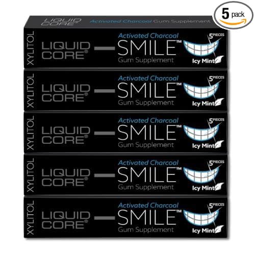 Liquid Core Smile Activated Charcoal Gum with MCT Oil, Hydroxyapatite, and Xylitol – Teeth Cleaning Gum, Icy Mint Sugar-Free (5 Pack)
