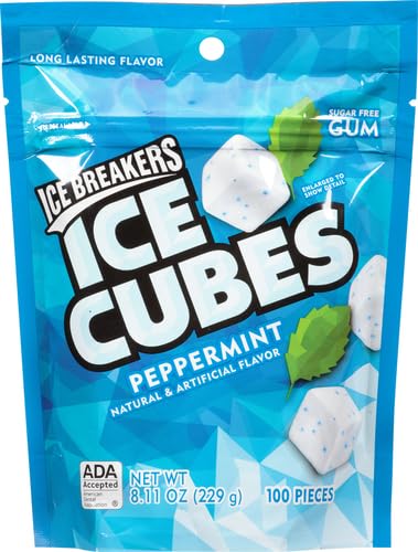 ICE BREAKERS Ice Cubes Peppermint Sugar Free Chewing Gum Pouch, 8.11 Oz (100 Pieces) (Pack of 2)