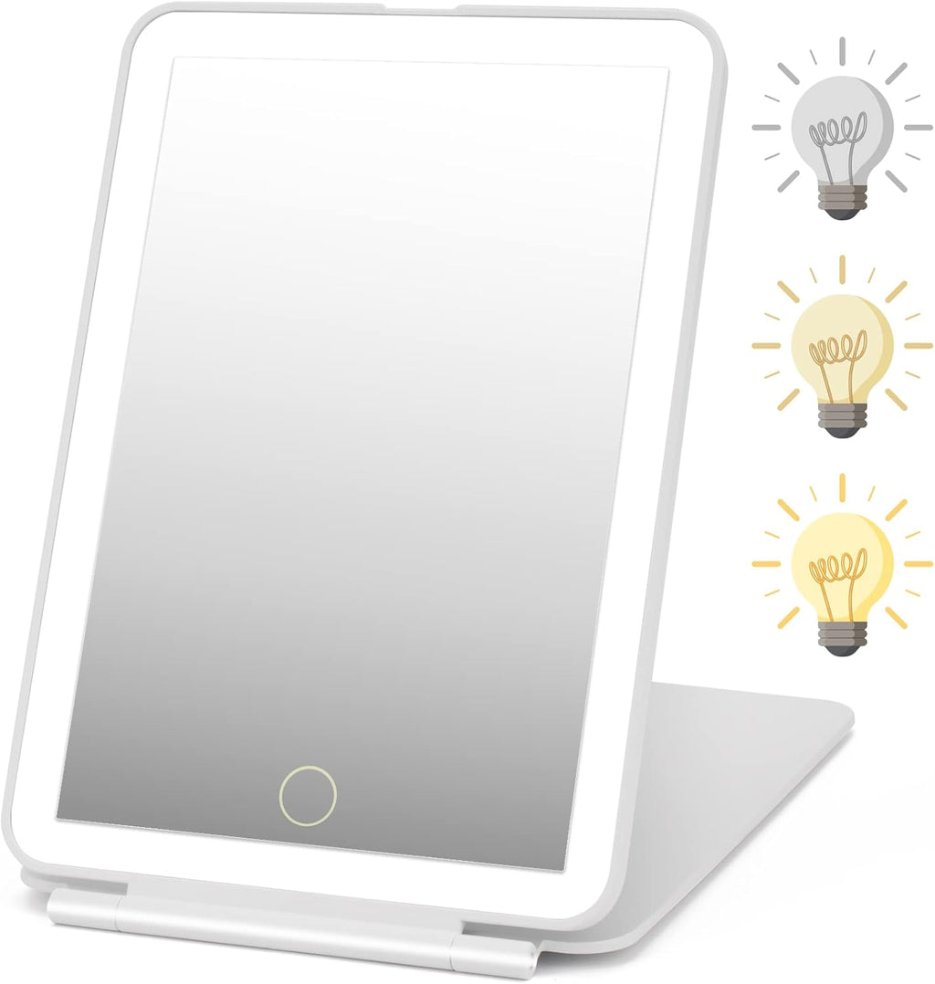 Rechargeable Travel Makeup Mirror 72 LED Lighted Compact Slim Vanity with Lights 3 Lighting Modes Dimmable Touch Screen (White),(DenCert)