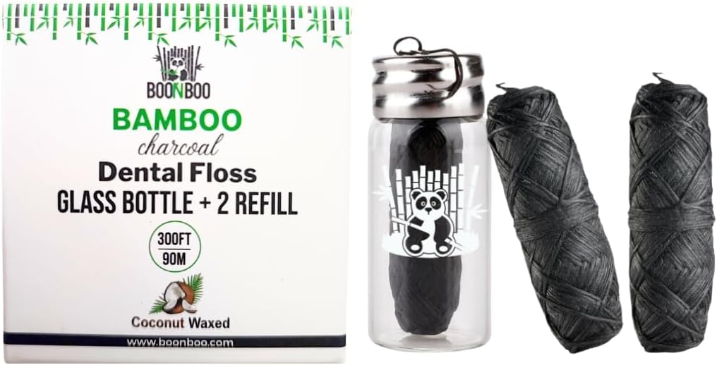 BOONBOO Dental Floss, Bamboo Charcoal Woven Thread, Glass Bottle + 3 Spools, Total 300FT/90M, Waxed, Coconut