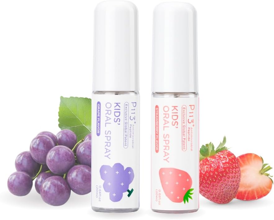 Mouth Spray for Kids Toddler Toothpaste Helper Fluoride Free Baby Toothpaste Cavity Protection Oral Care with Natural P113+ Antibacterial Peptide for Newborns to Age 6 (Grape&Strawberry)