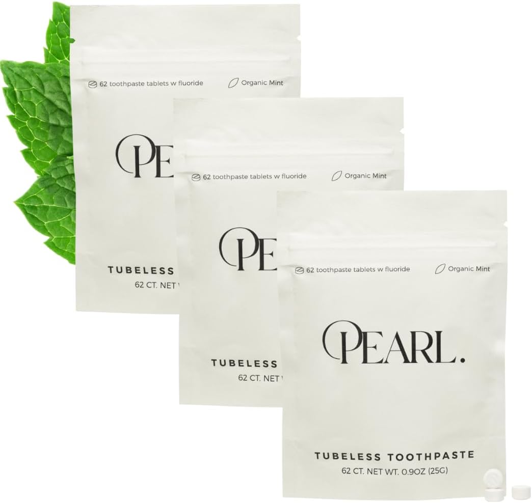 Pearl Fluoride Mint Toothpaste Tablets | Dentist Developed | Natural Whitening | Sensitivity Relief | TSA Approved | Plastic-Free | Reusable Packaging (186 Tablets)
