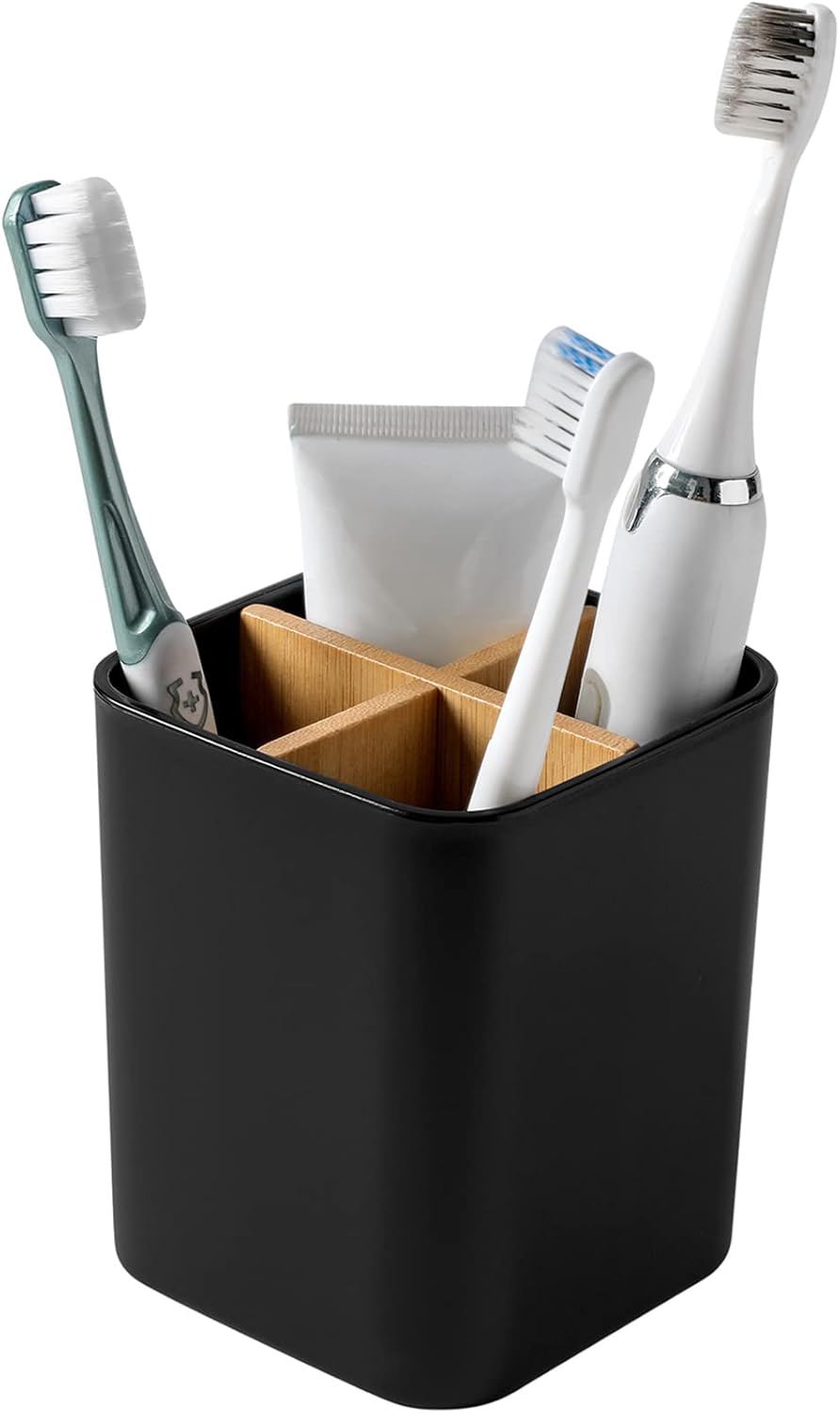 Bamboo Toothbrush Holder for Bathrooms, 4 Slots Toothbrush and Toothpaste Holder Bathroom Counter Organizer for Electric Toothbrushes, Floss, Razors - Black