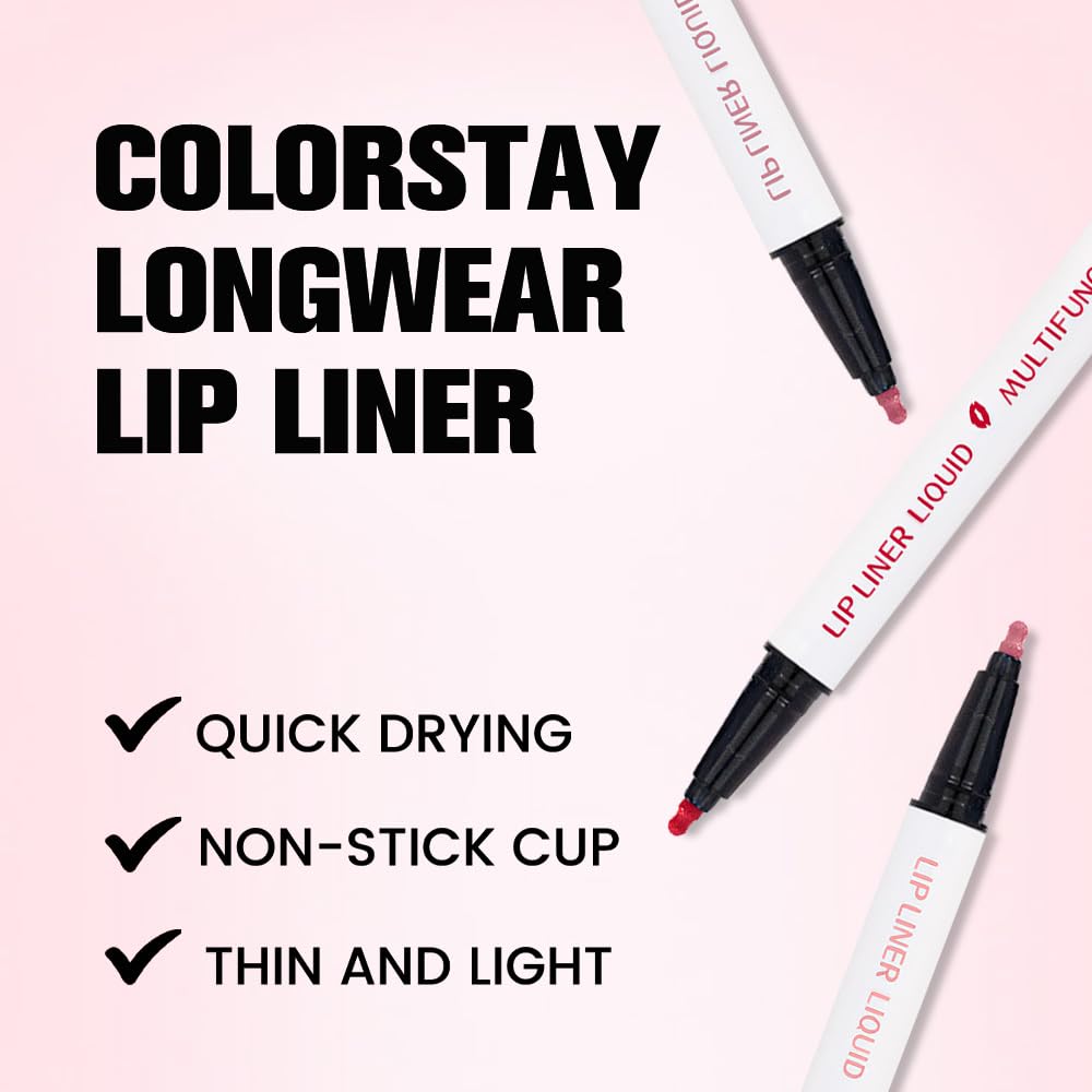 Kaely 3Pcs Ruby Red Dusty Pink Warm Pink Longwear Liquid Lip Liner Waterproof, 24 Hour Long Lasting Lip Liner Stain Marker Pen, 2-in-1 Matte Semi Permanent Lipliner & Lipstick, 09+10+13