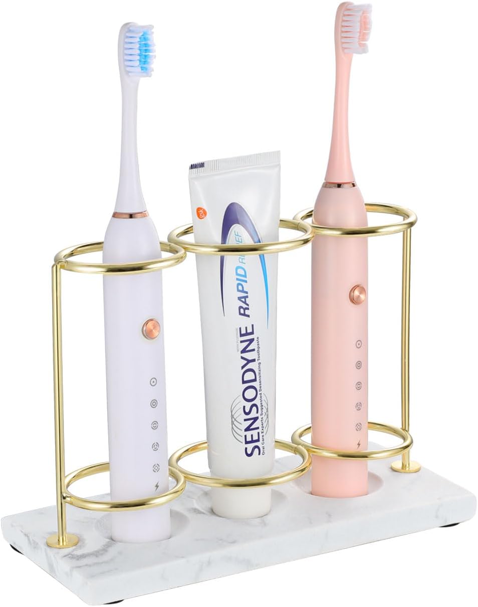 Emibele Electric Toothbrush Holder, 3 Slots 2-Layer Resin Electric Toothbrush Holder Bathroom Toothpaste Razor Storage Non-slip Organizer for Bathroom Toothbrush Toothpaste Cleanser, Gold Marble White