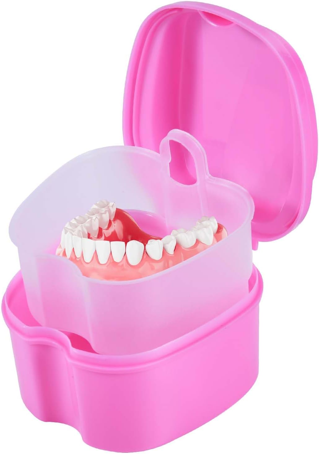 Pink Denture Bath Case Cup Box Holder Storage Soak Container with Strainer Basket for Travel Cleaning