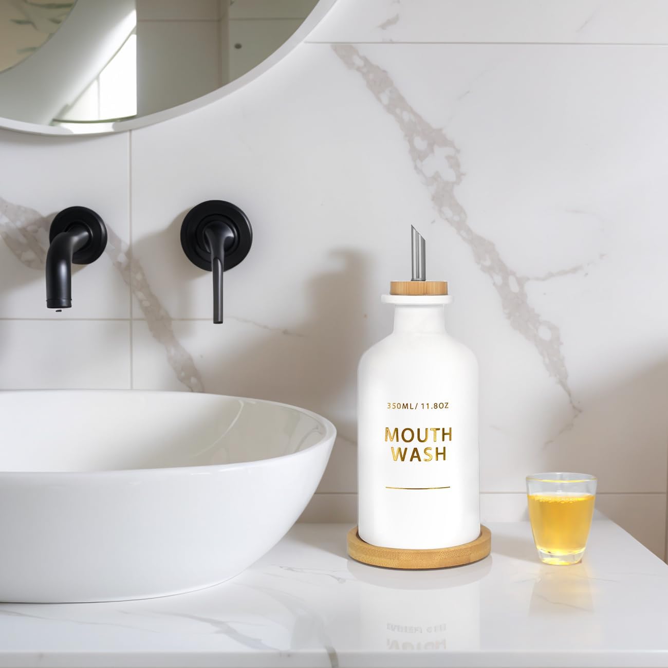 Mouthwash Dispenser for Bathroom 11.8oz – Glass Mouthwash Bottle with Cup & Bamboo Tray, Gold Hot-Stamped Lettering, Nordic Style Countertop Accessory, White Bathroom Accessories (White)
