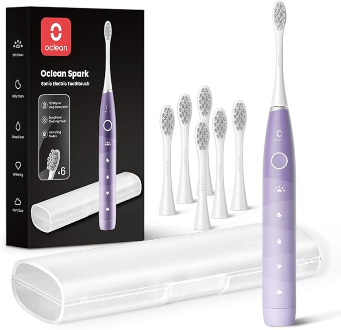 Oclean Electric Toothbrush for Adults, 150 Days Battery Life Electric Toothbrush, USB Rechargeable Sonic Travel Toothbrush with 6 Brush Heads & Travel Case, 5 Modes and Smart Timer, Purple