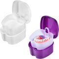 2 Pack Colors Denture Bath Case Cup Box Holder Storage Soak Container with Strainer Basket for Travel Cleaning (White and Purple)