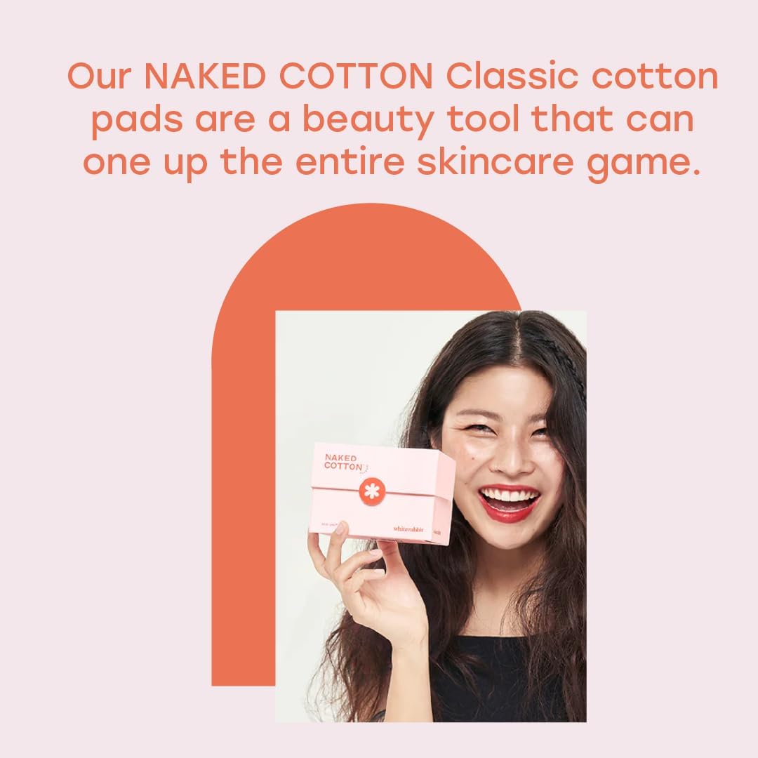 White Rabbit – Naked Cotton Classic – Premium 100% Cotton Pads for Toner Use, Makeup Remover, and Masks | Unbleached, Lint-Free, Extra Soft | Korean Skin Care Product (500 Count)