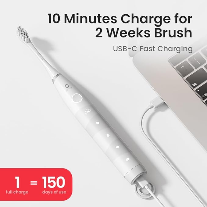 Oclean Electric Toothbrush for Adults, 150 Days Battery Life Electric Toothbrush, USB Rechargeable Sonic Travel Toothbrush with 6 Brush Heads & Travel Case, 5 Modes and Smart Timer