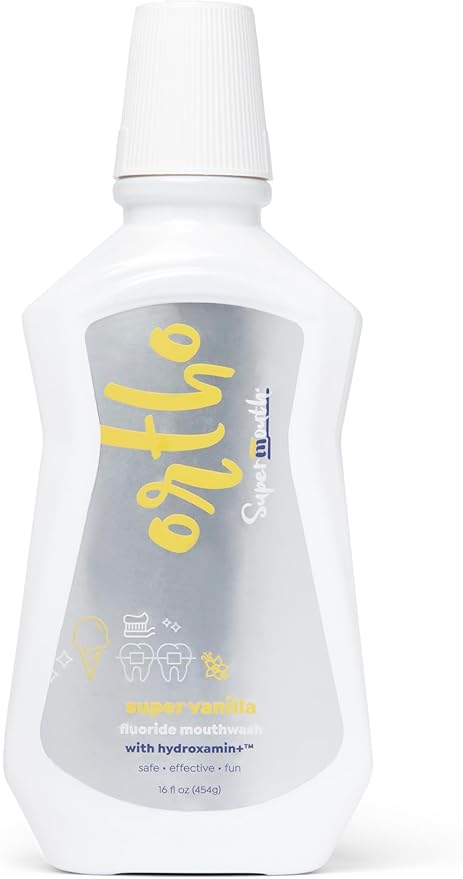 SuperMouth® Ortho Mouthwash – Fluoride + Nano-Hydroxyapatite, Vitamins D3 & K2, Prebiotics, Alcohol-Free, Alkaline pH, Protects Teeth with Braces & Aligners, Reduces White Spots, Tasty Flavors
