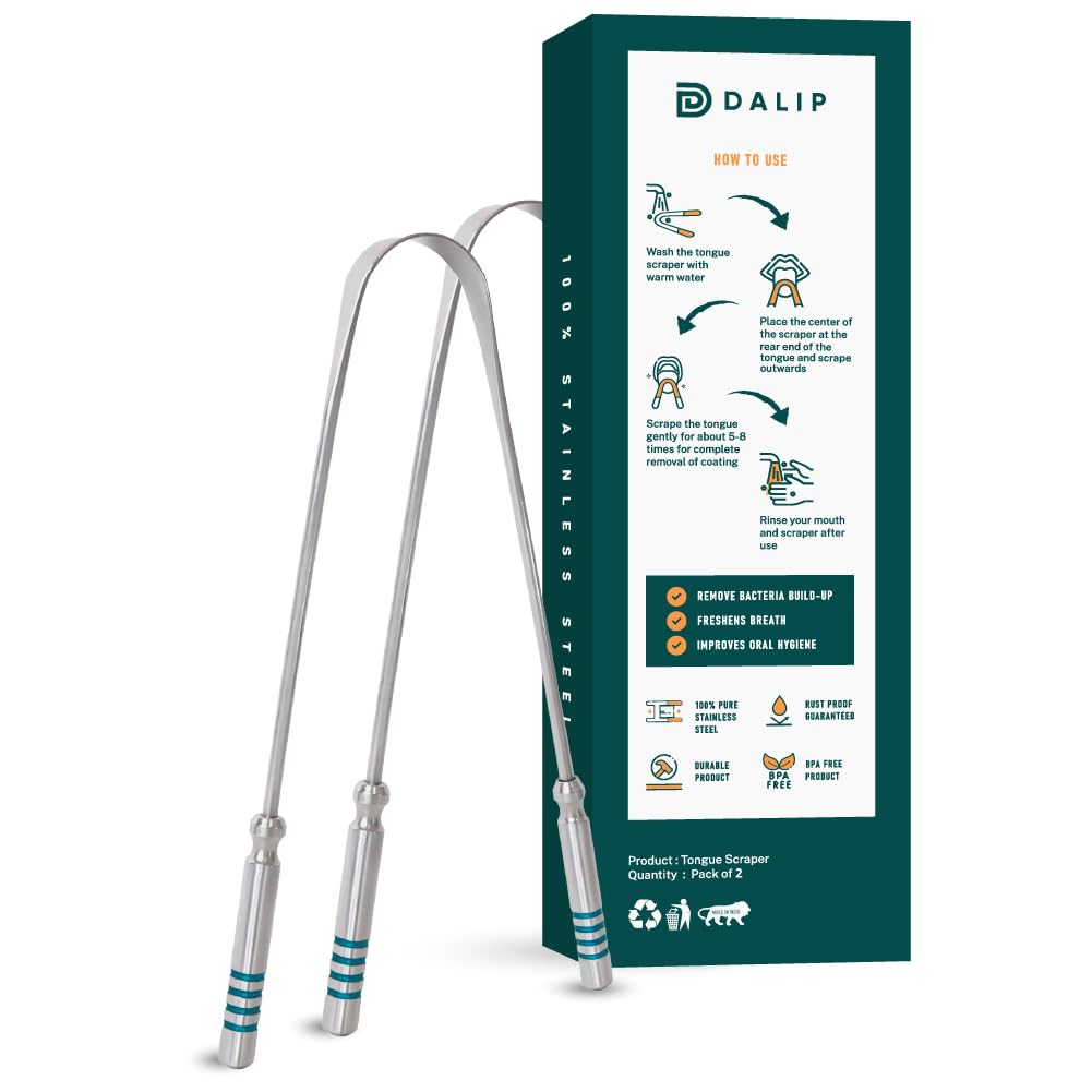 Dalip Tongue Scraper for Adults with Ergonomic Non-Slip Handle, Green Stainless Steel Tongue Cleaner, Reduces Bad Breath, Easy to Use Oral Care & Hygiene Tongue Scrubber (Pack of 2)