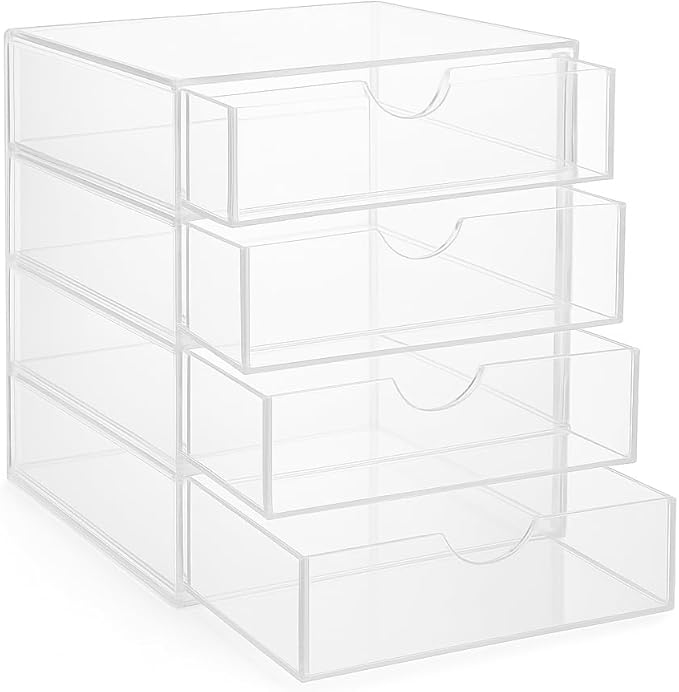 Venshera 4-Drawer Acrylic Organizer – Clear Storage Box with Sliding Drawers for Bathroom, Vanity, Desk, or Makeup. (Clear white)