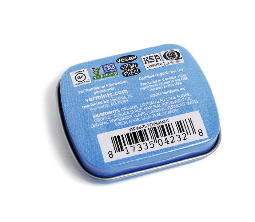 VerMints Organic Breath Mints PepperMint Candy Mints for Real Long-Lasting Flavor, Travel Size Tin - Non-GMO, Nut Free, Gluten Free, Vegan, Kosher Peppermints - .63oz/18g Tins (Pack of 12)