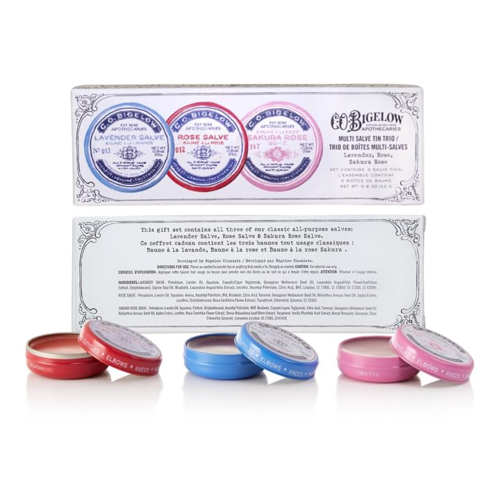 C.O. Bigelow Assorted Salve Tins, Pack of 3 Lip Balm Tins, Rose, Lavender, and Sakura Rose All Purpose Salve for Lips, Cuticles, Hands & Dry Skin, Lip Balm Set, 0.8 oz