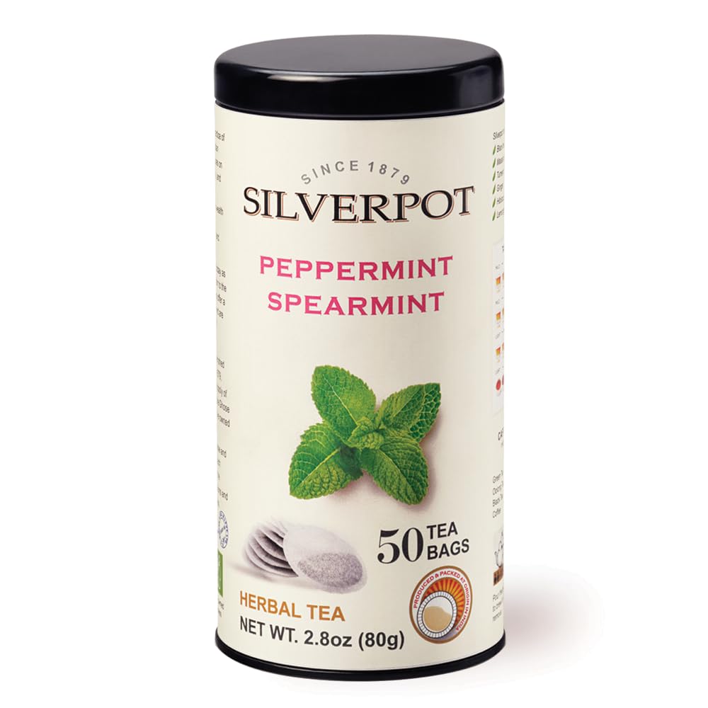 Silverpot Peppermint & Spearmint Tea Bags - 50 Round Bags | Natural, Refreshing Mint | Caffeine Free, Herbal | Reusable Tin
