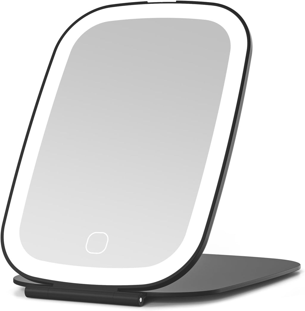 Rechargeable Travel Mirror with Light, Portable Mirror, 3 Color Light, 7.5 inch LED Folding Makeup Mirror (Black)